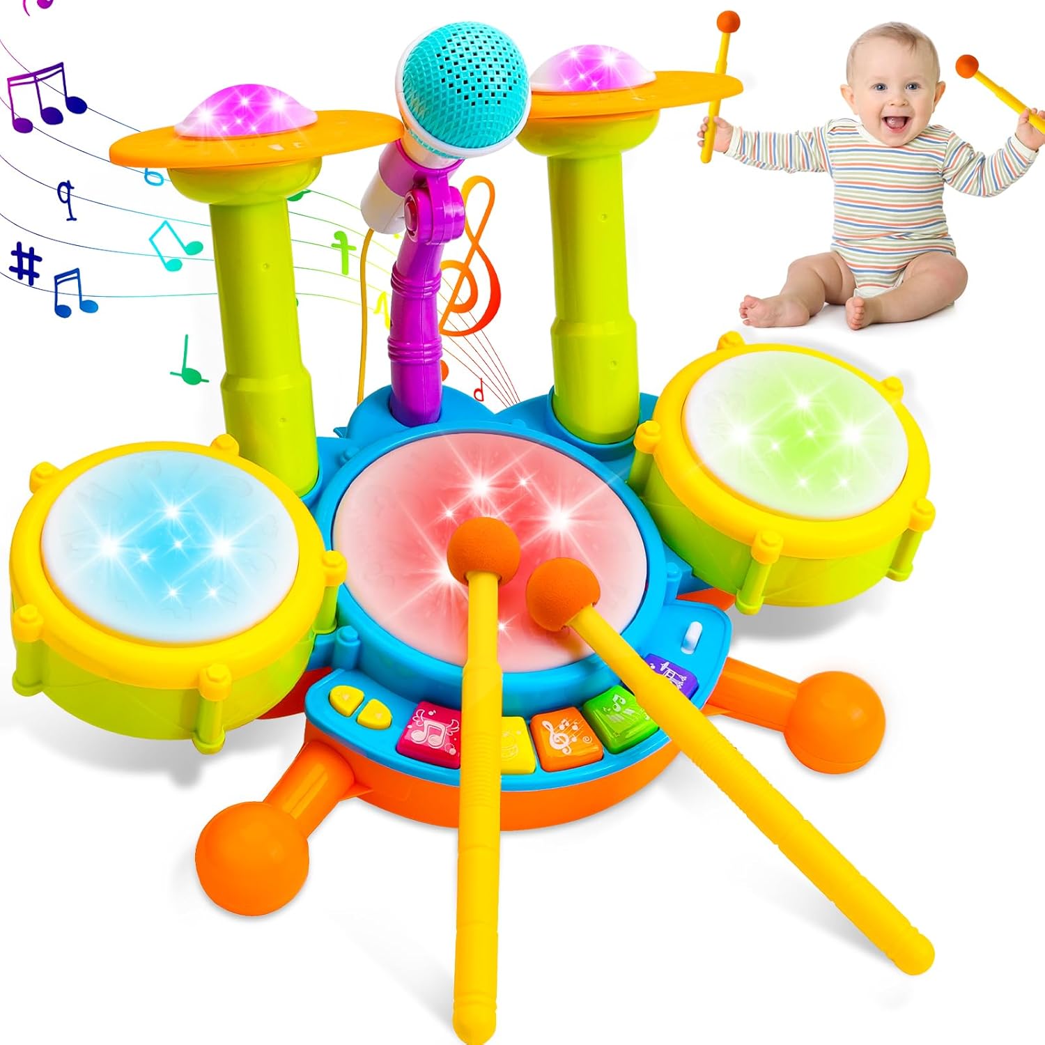 Keysense Lifestyle kids musical drum set front view showing three drum pads and attached microphone