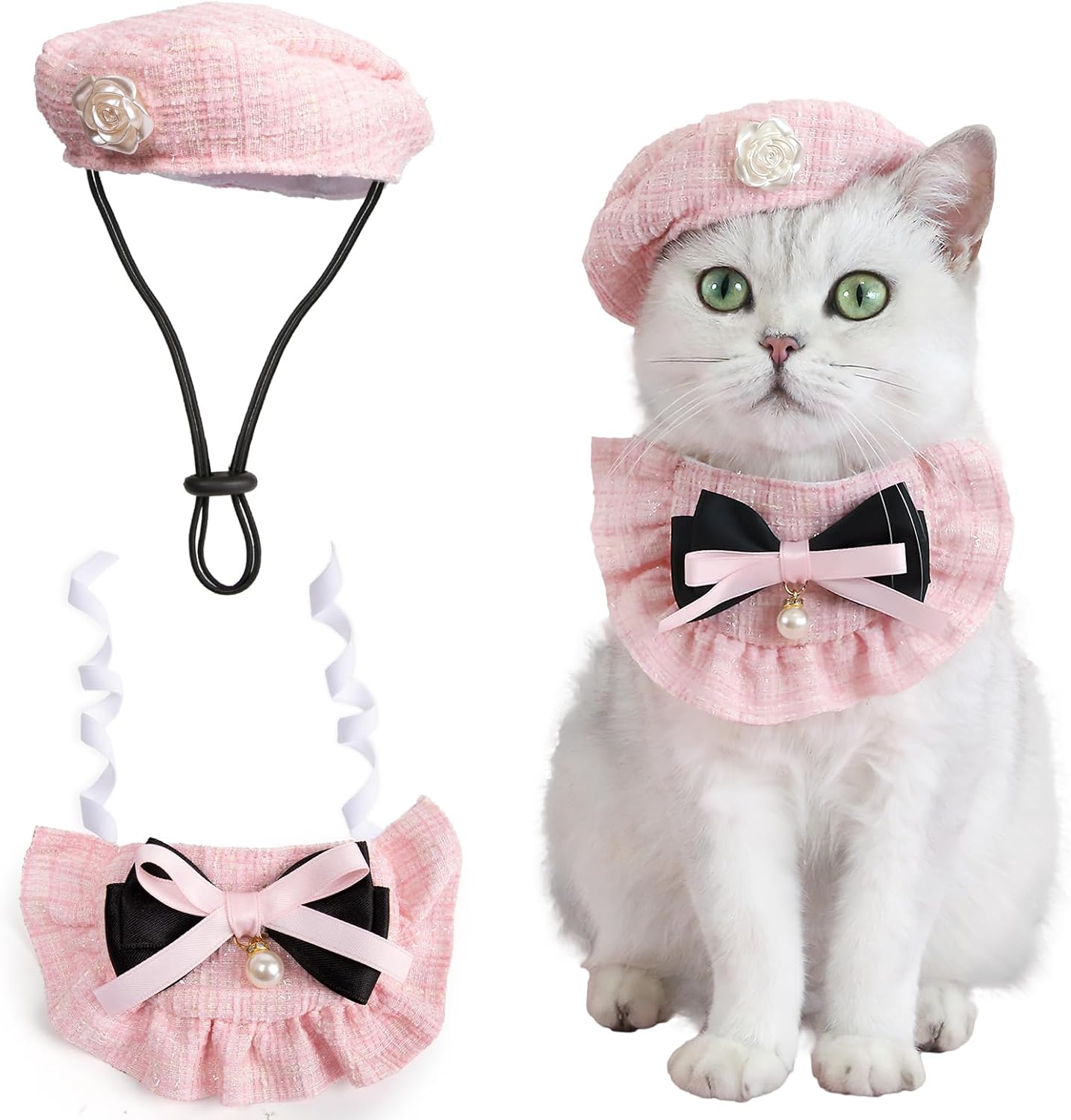 Howwfaly 2 piece pet princess costume set with pink camellia beret and bowtie