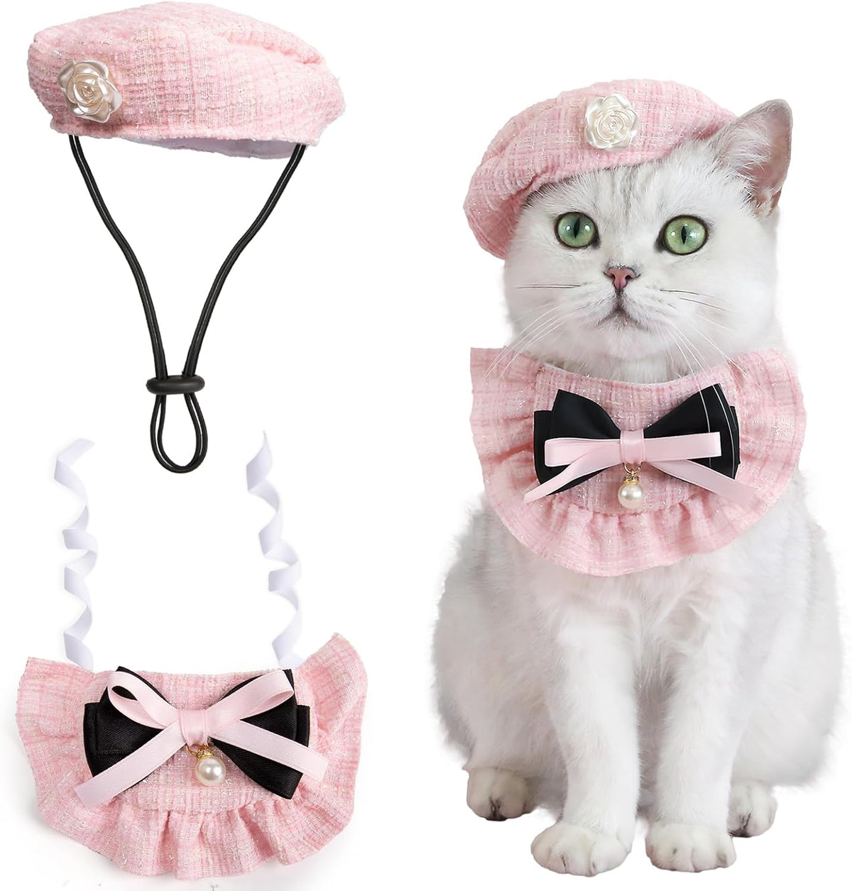 Howwfaly 2 piece pet princess costume set with pink camellia beret and bowtie