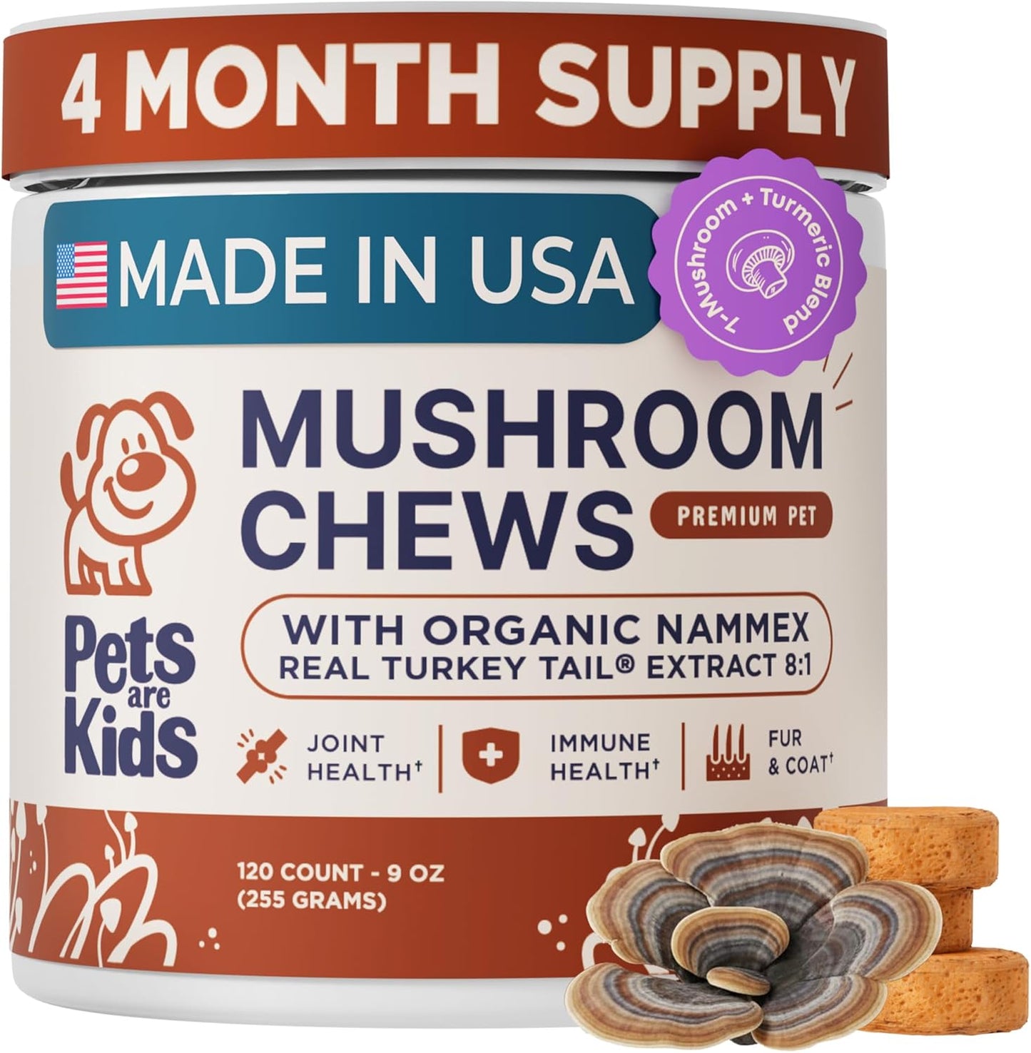 Pets Are Kids Too Turkey Tail Mushroom Chews front view of the packaging container.