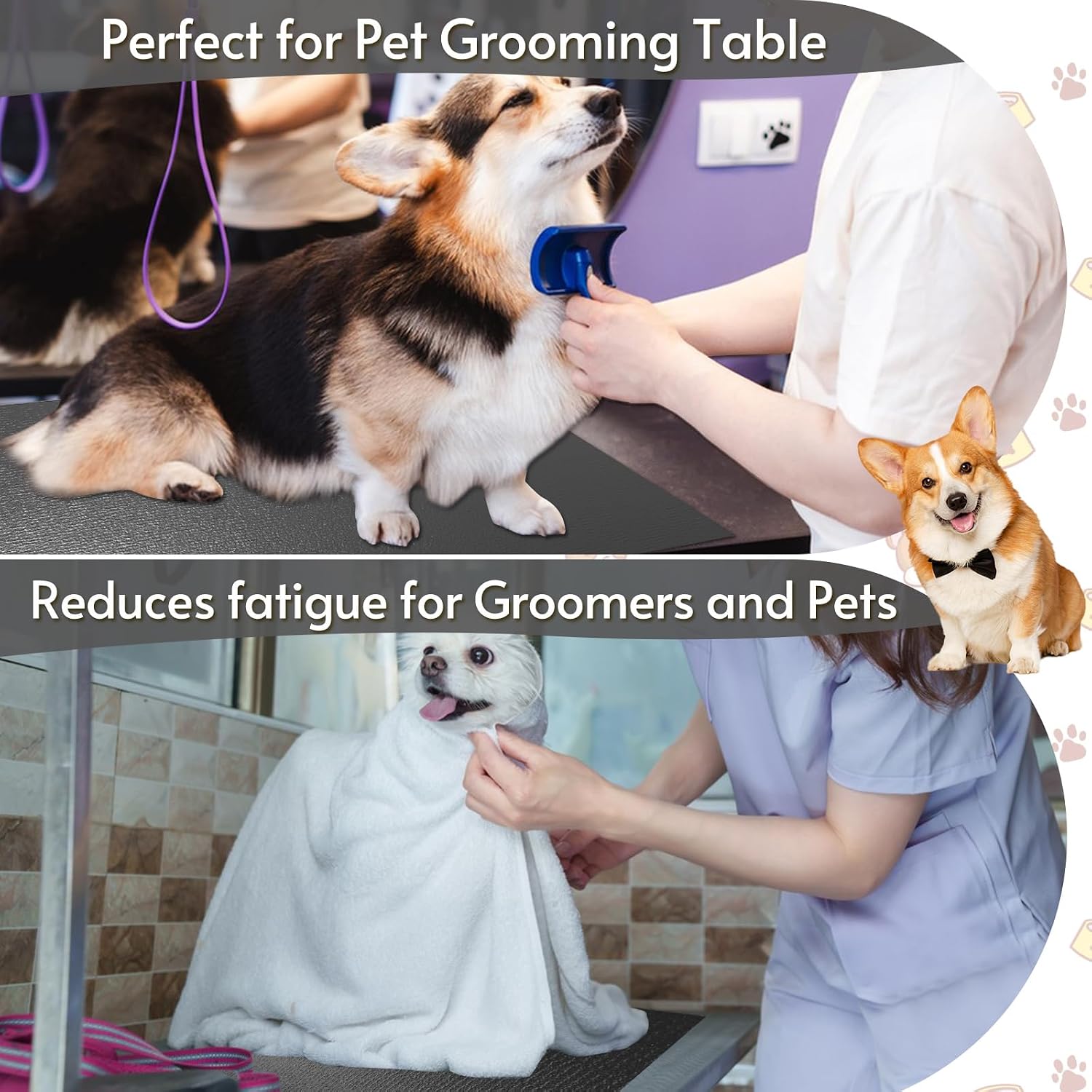 Cushioned dog grooming table pad showing its shock absorbing thickness for pet paw comfort