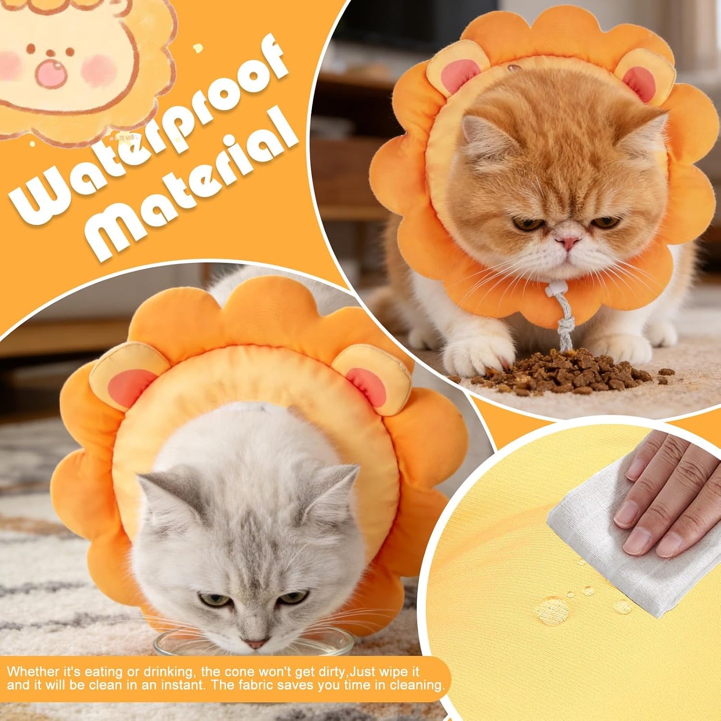 Domestic cat sleeping comfortably using the plush lion cone as a neck pillow