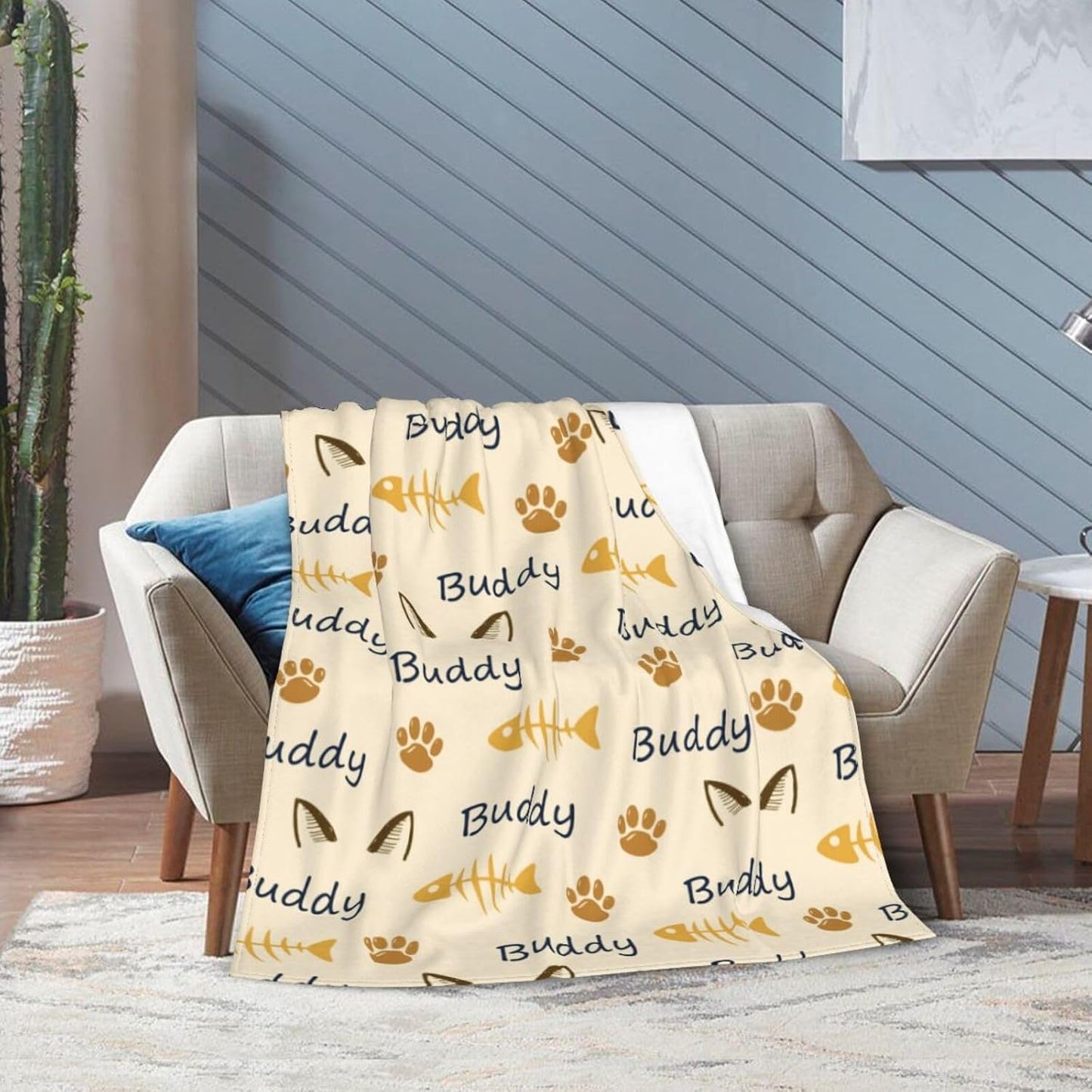 COOPASIA cat paw prints blanket laid out flat on a bed demonstrating its forty by thirty inches coverage