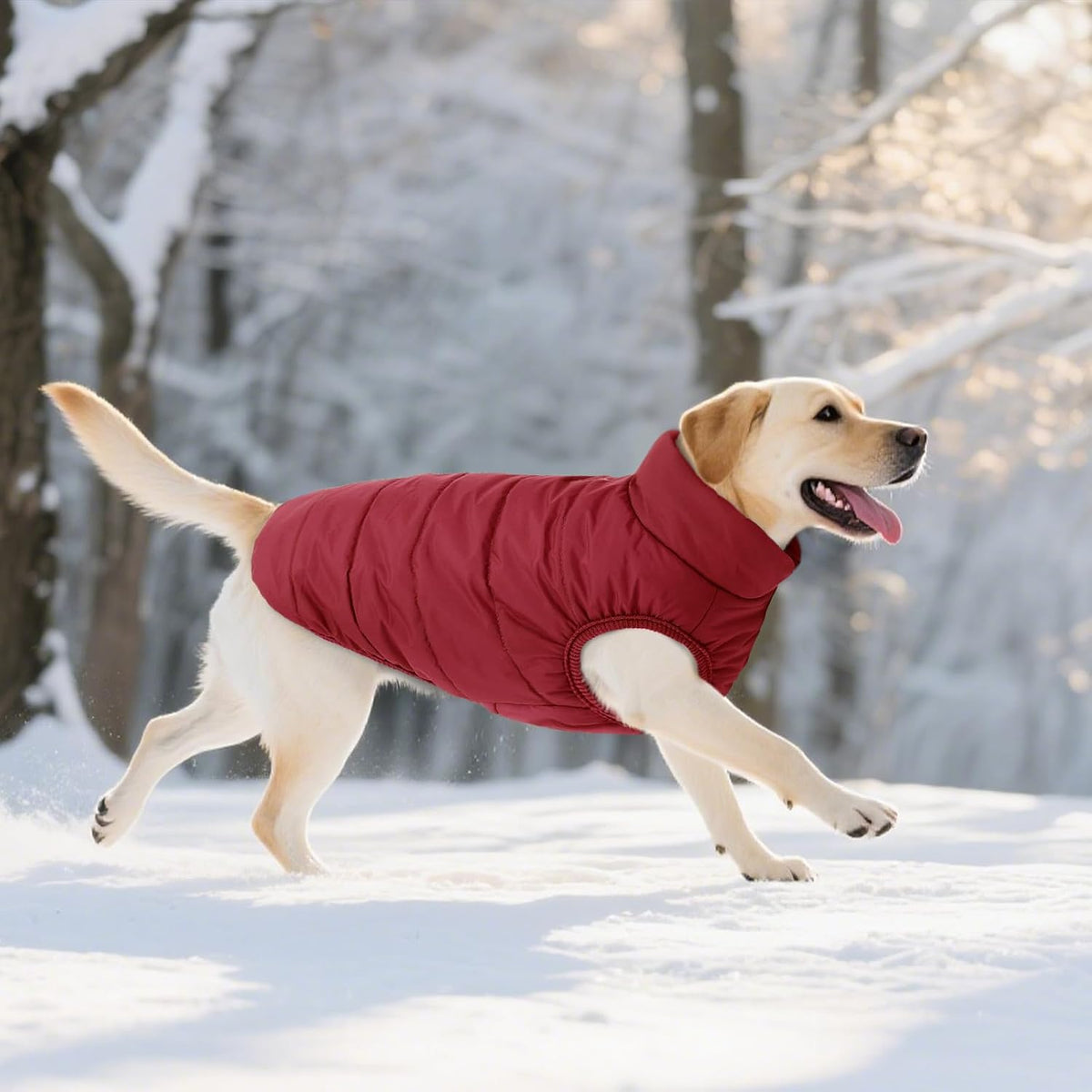 Large dog model wearing size Large red Asenku winter vest