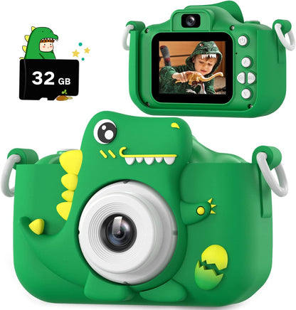HOOMOON upgrade dinosaur kids selfie camera front view with green protective silicone sleeve.