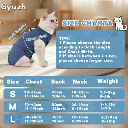 Cat wearing Gyuzh blue recovery suit showing snap closure