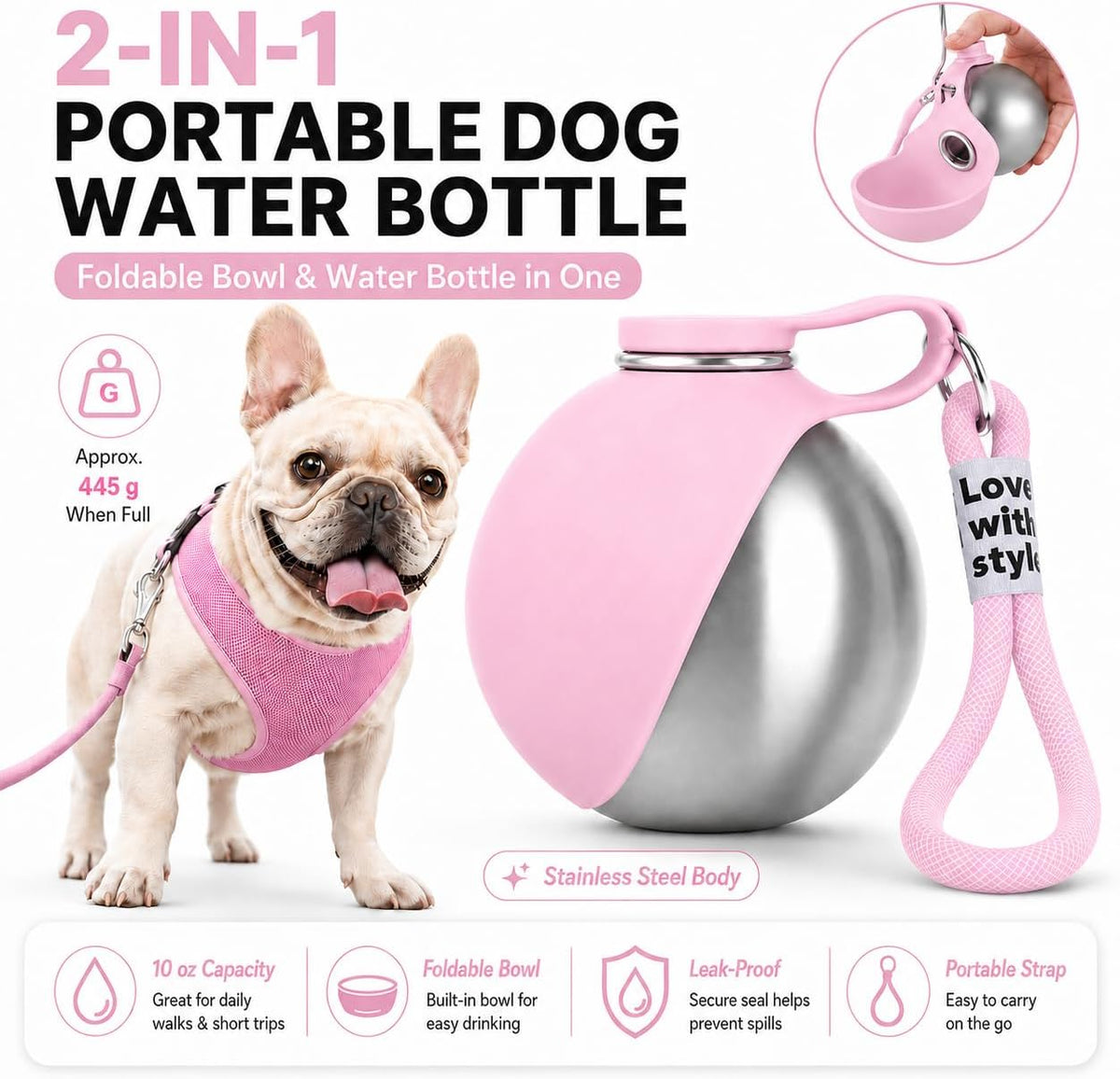 Bokynu pet travel dispenser with the pink silicone bowl flipped up into a functional drinking basin.