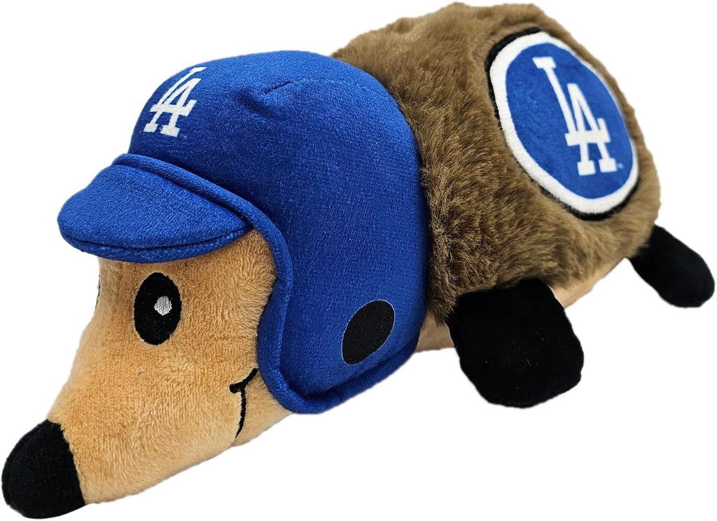 Pets First baseball themed hedgehog dog toy showing the soft plush texture and medium size.