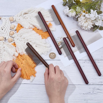 Olycraft multiuse comb set being used to untwist and fluff cotton macrame cords into smooth tassels.