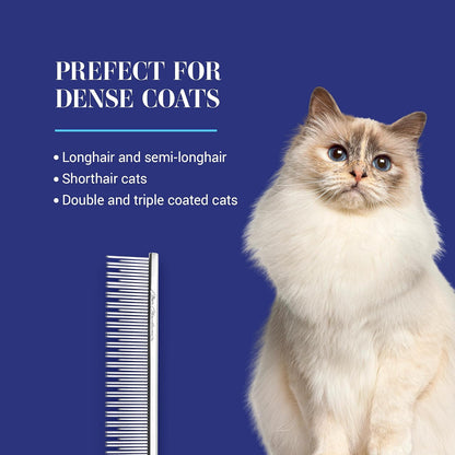 Ergonomic six inch metal pet comb being used for precise feline grooming sessions.