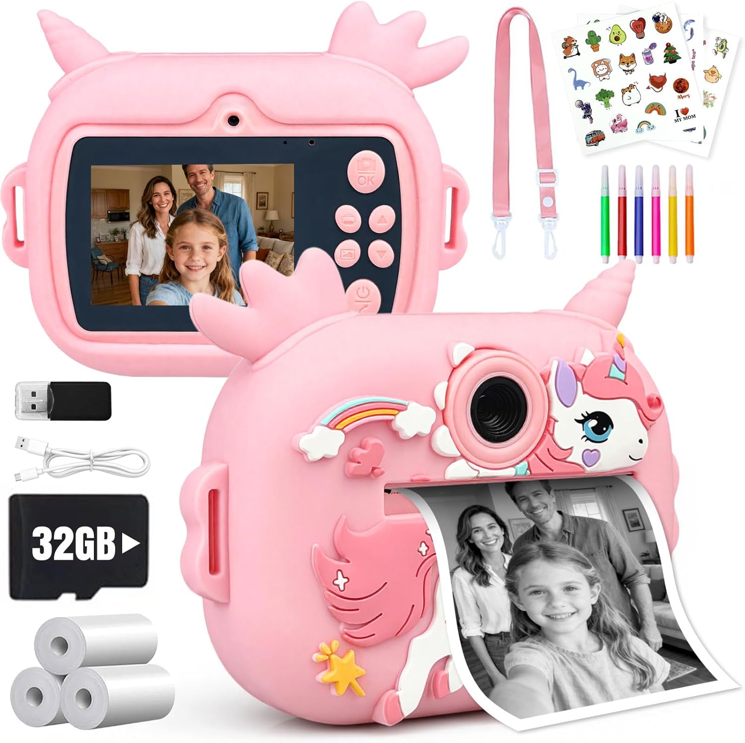 Torlaist kids camera instant print pink front view showcasing the digital screen and lens setup.