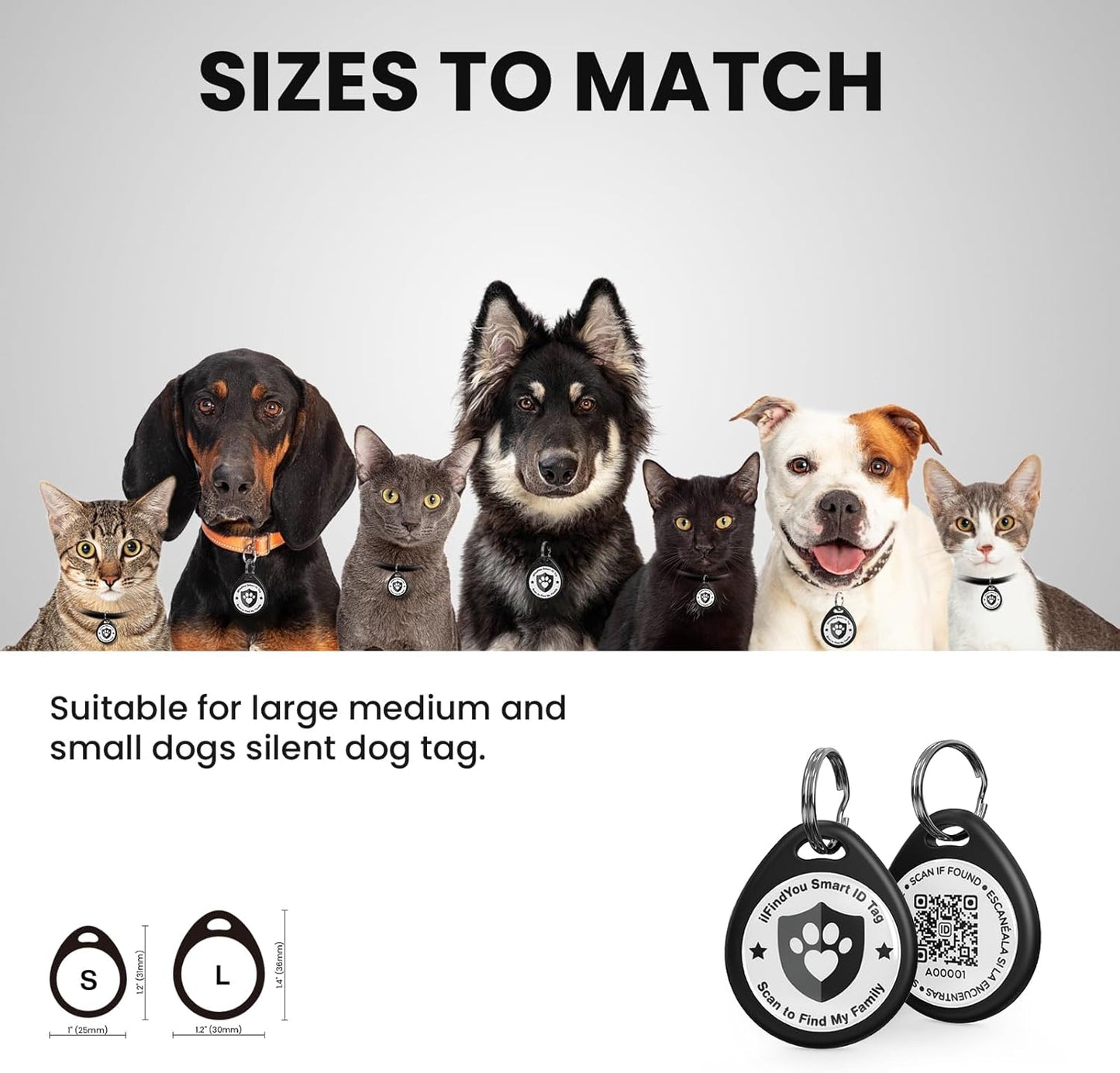 ILFINDYOU smart pet name tag being scanned by a smartphone camera to display the online profile.