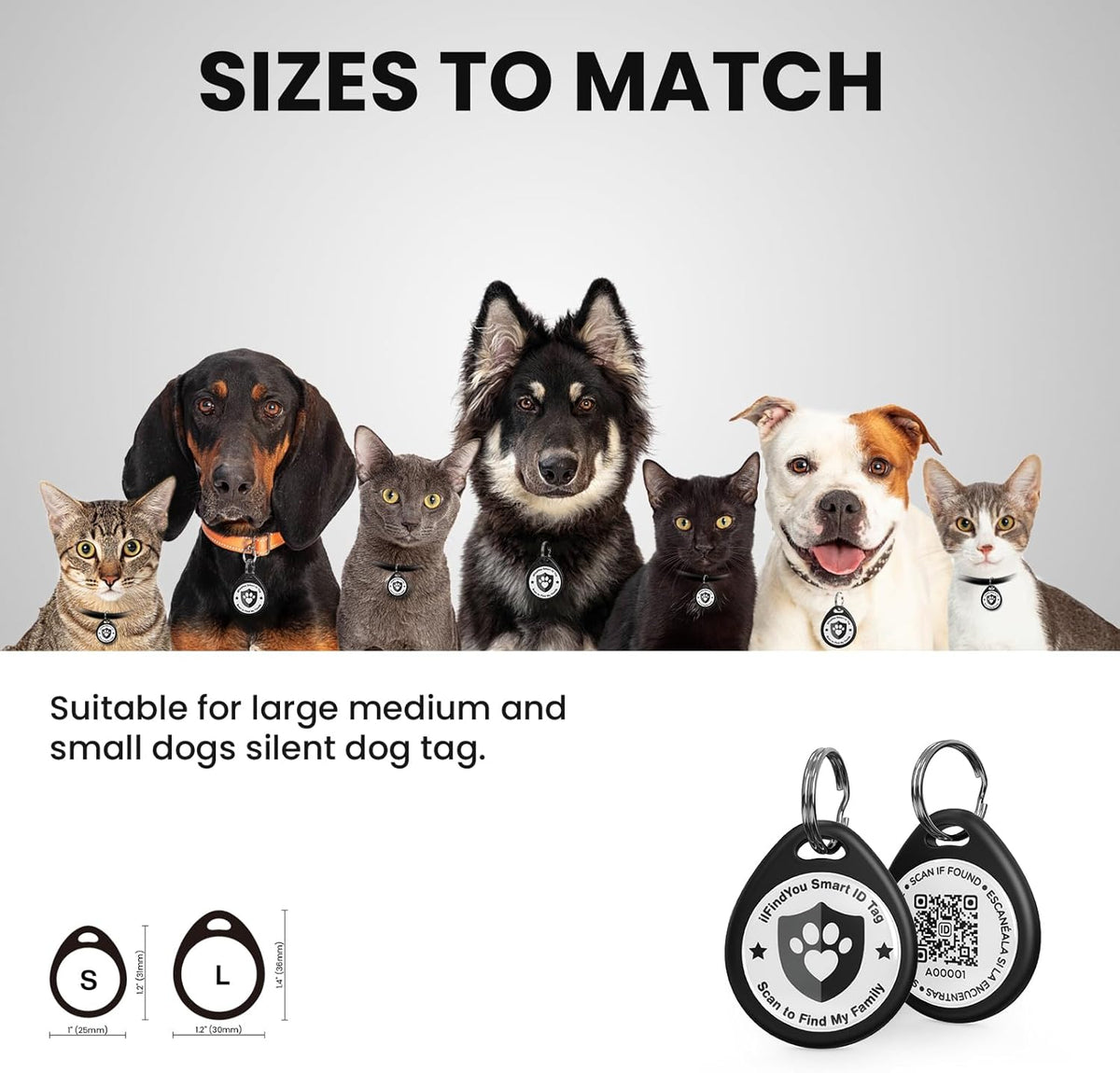 ILFINDYOU smart pet name tag being scanned by a smartphone camera to display the online profile.