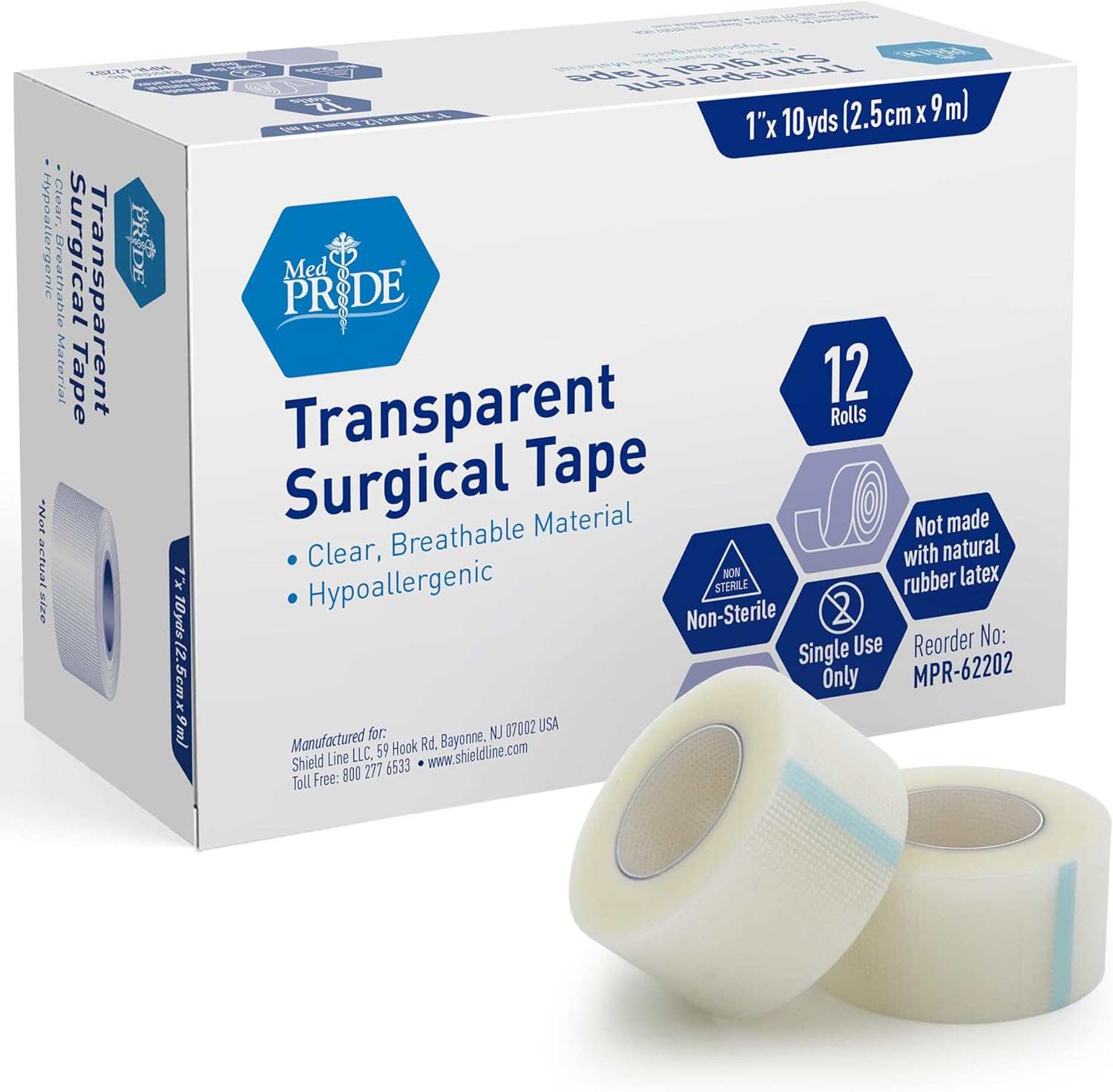 MED PRIDE Hypoallergenic Adhesive Surgical Tape front view of the 12 pack box showing transparent rolls for first aid kit supplies.