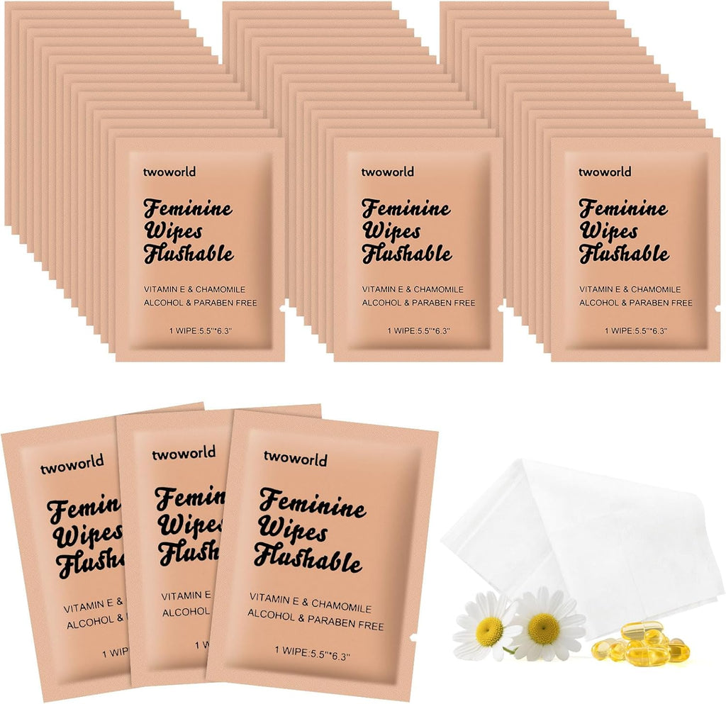 Twoworld Feminine Wipes Pack of 50 front view showing chamomile extract branding.