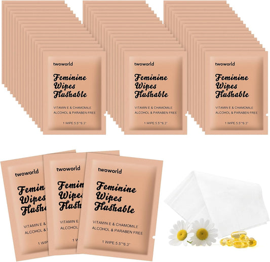 Twoworld Feminine Wipes Pack of 50 front view showing chamomile extract branding.