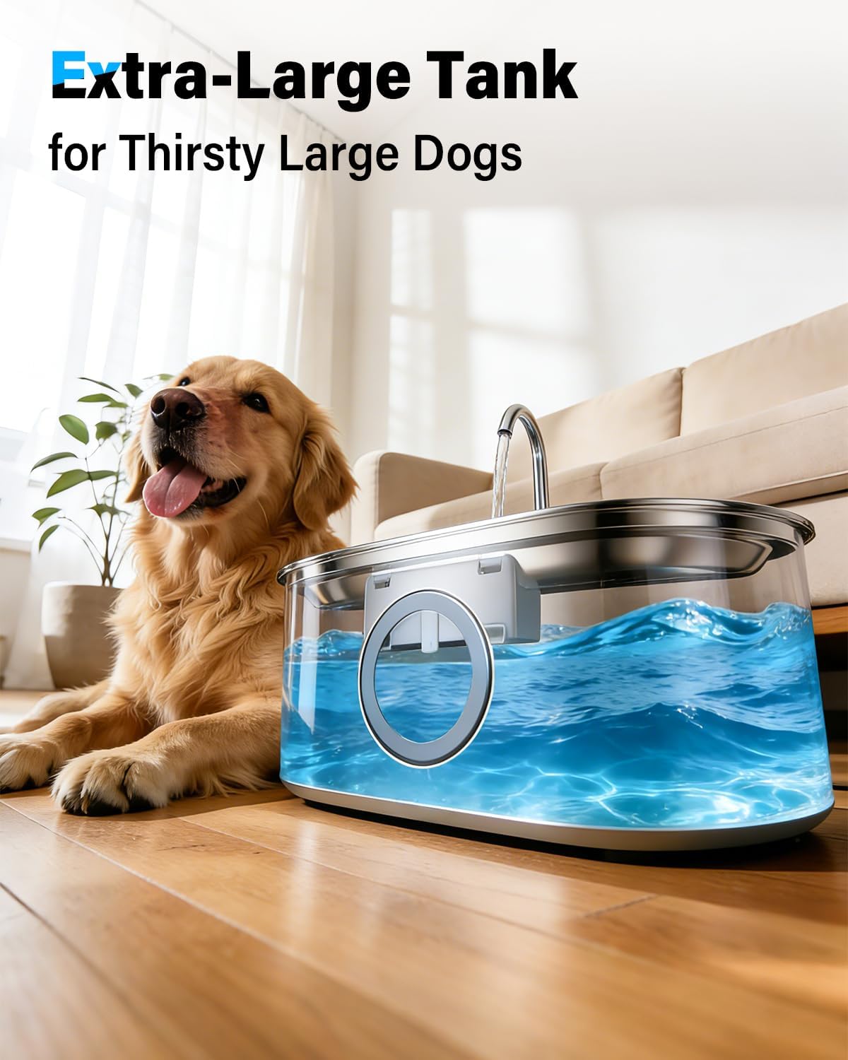 Side view showing the deep drinking tray of the pet fountain