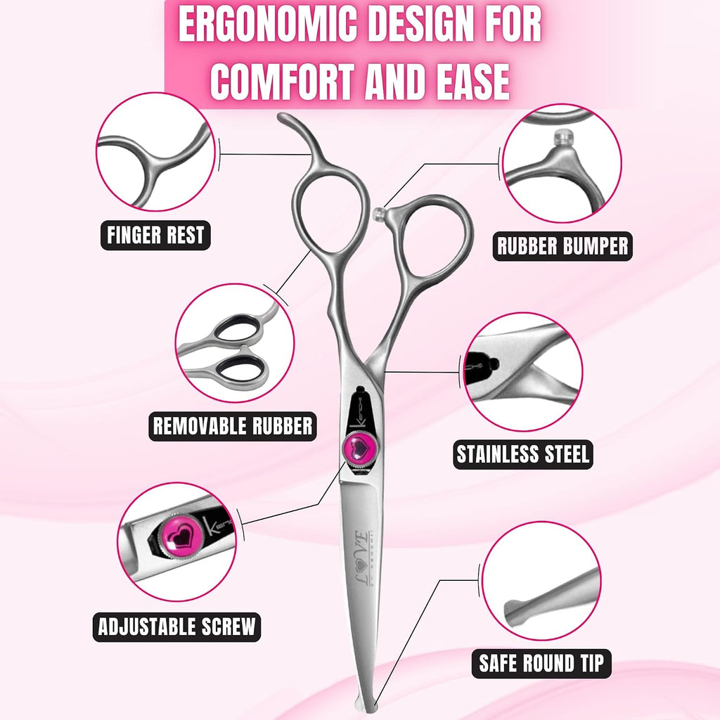 Kenchii Love curved grooming scissors showing the ergonomic offset handle design.