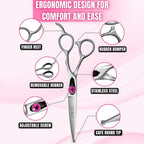Kenchii Love curved grooming scissors showing the ergonomic offset handle design.