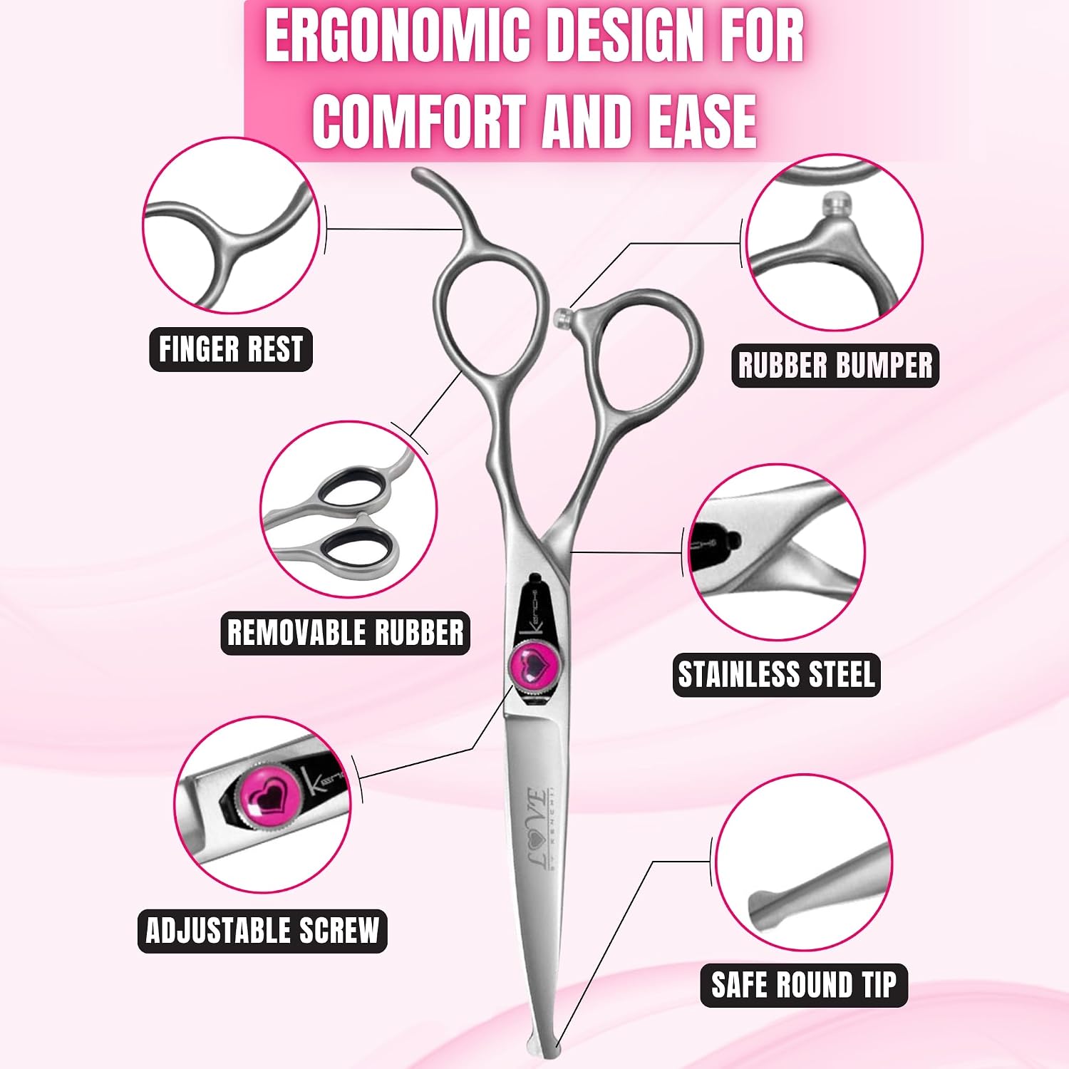 Kenchii Love curved grooming scissors showing the ergonomic offset handle design.