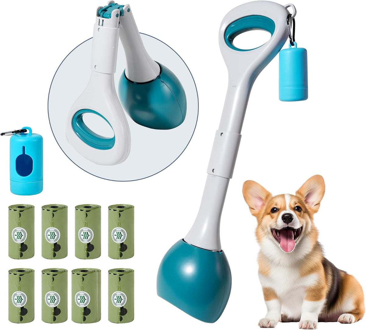 Dog Pooper Scooper Portable with Bag Attachment, One Handed Foldable Design, Includes 120 Waste Bags and Dispenser, 19 Inch Handle for Grass Yard Gravel Cleanup (Blue) - Image 10