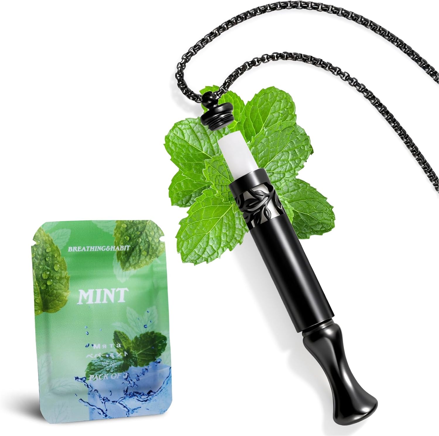 Runmecy Quit Smoking Necklace front view showcasing the sleek black stainless steel pendant.