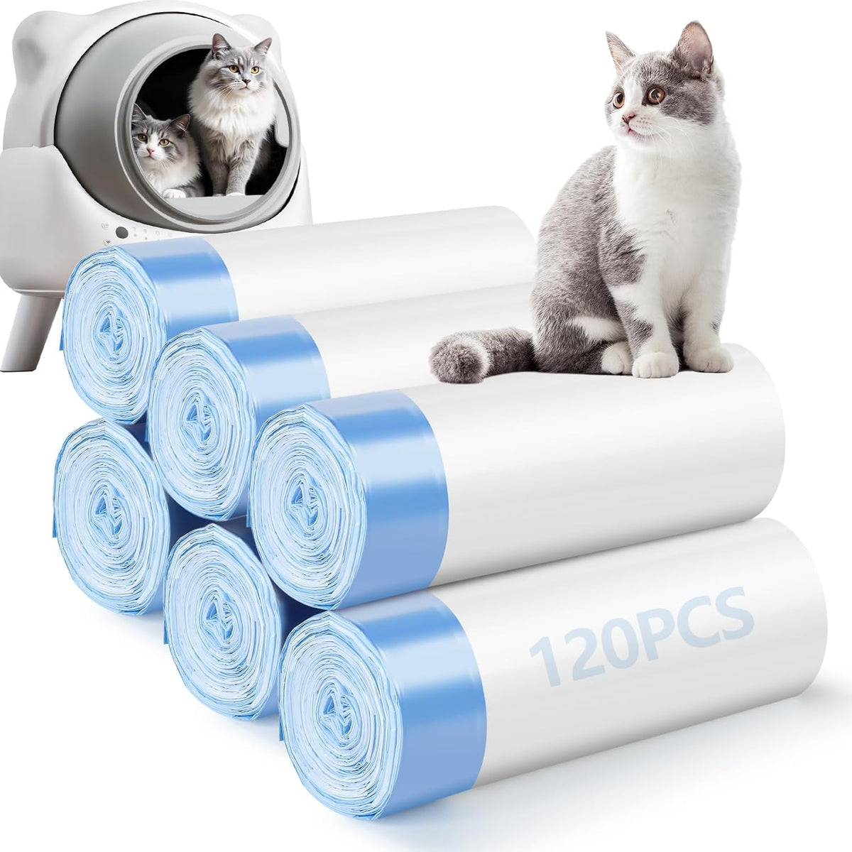 Ondware cat litter bags compatible with automatic self cleaning litter box front view showing packaging roll
