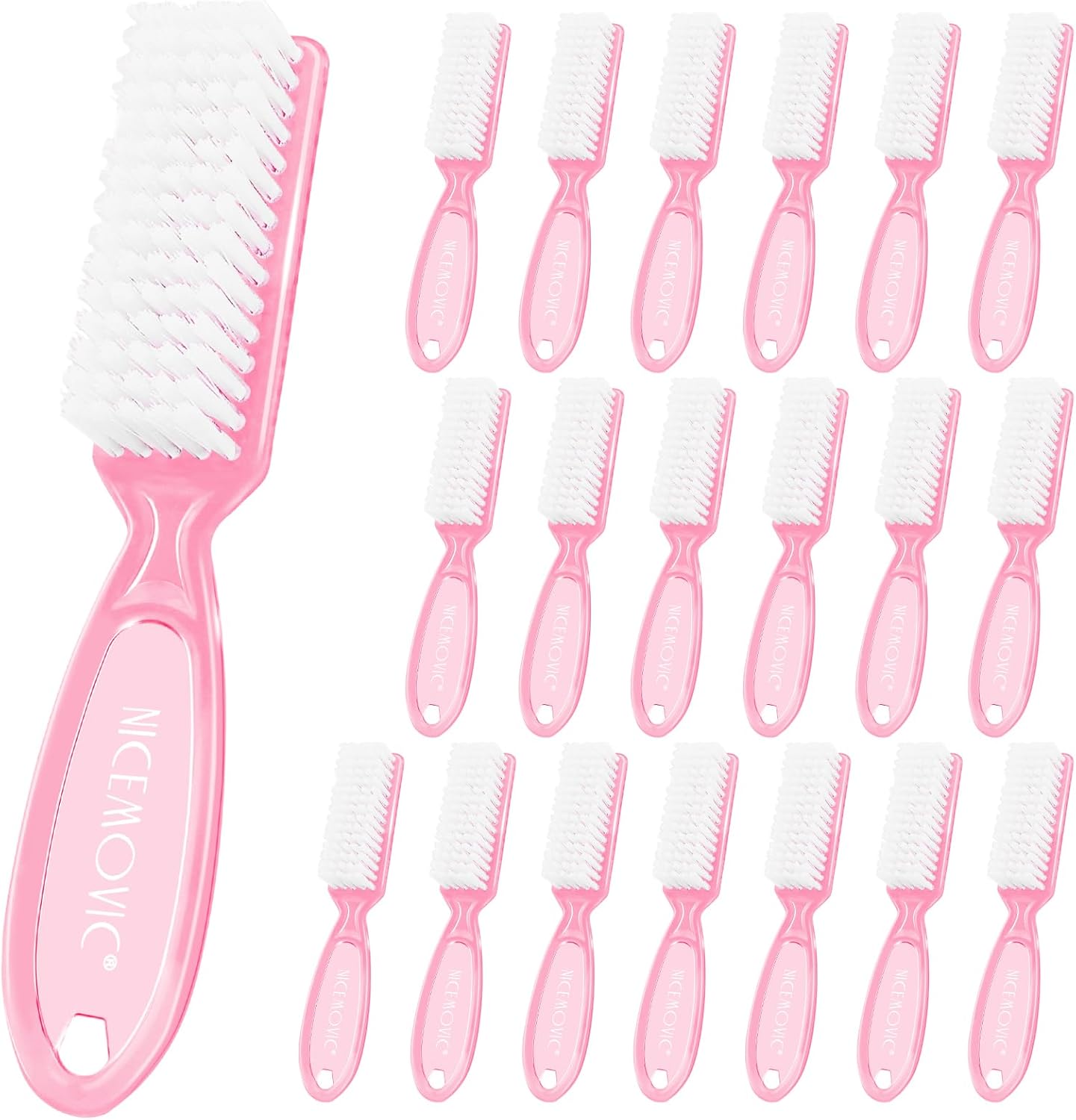 Nicemovic 20 Piece Nail Brush front view showing clear pink handle grip design