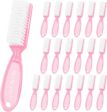 Nicemovic 20 Piece Nail Brush front view showing clear pink handle grip design