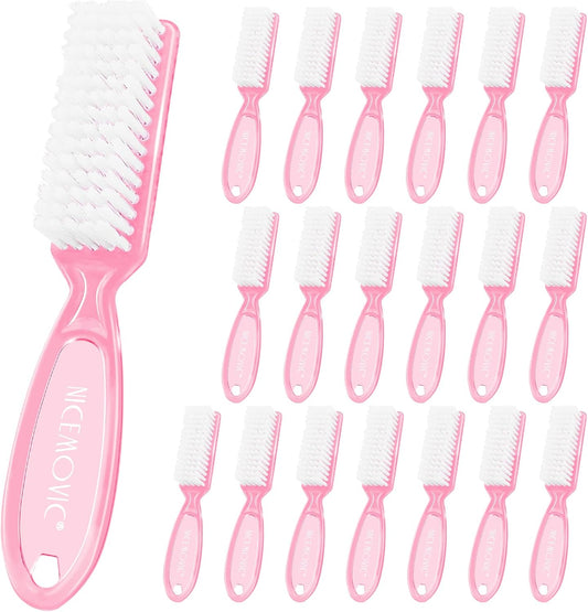 Nicemovic 20 Piece Nail Brush front view showing clear pink handle grip design
