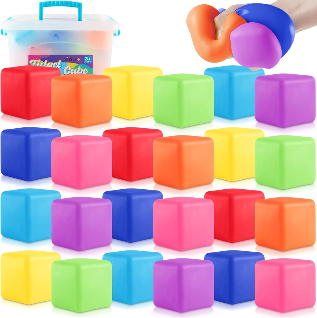 Viroucal fidget toys stress cube bulk set showing twenty-four colorful squishy square balls arranged neatly on a flat surface