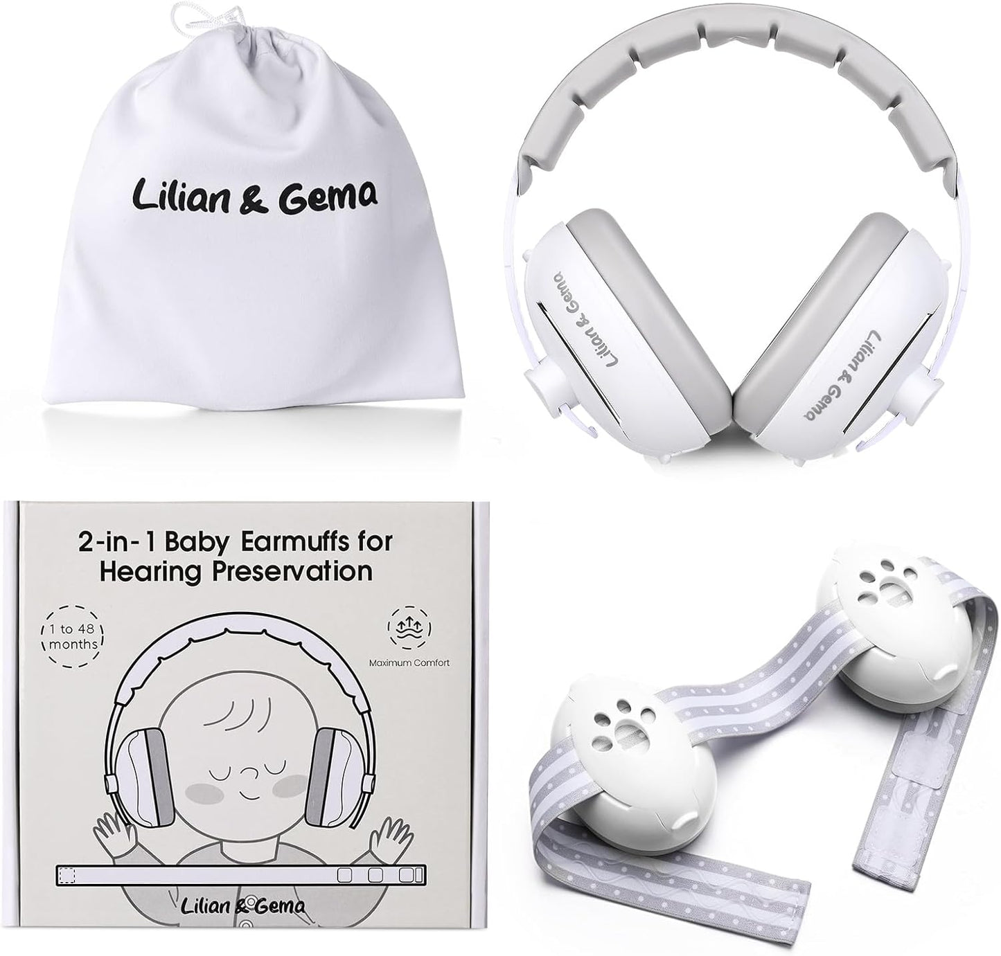 Lilian&Gema 2-in-1 baby ear muffs front view white color