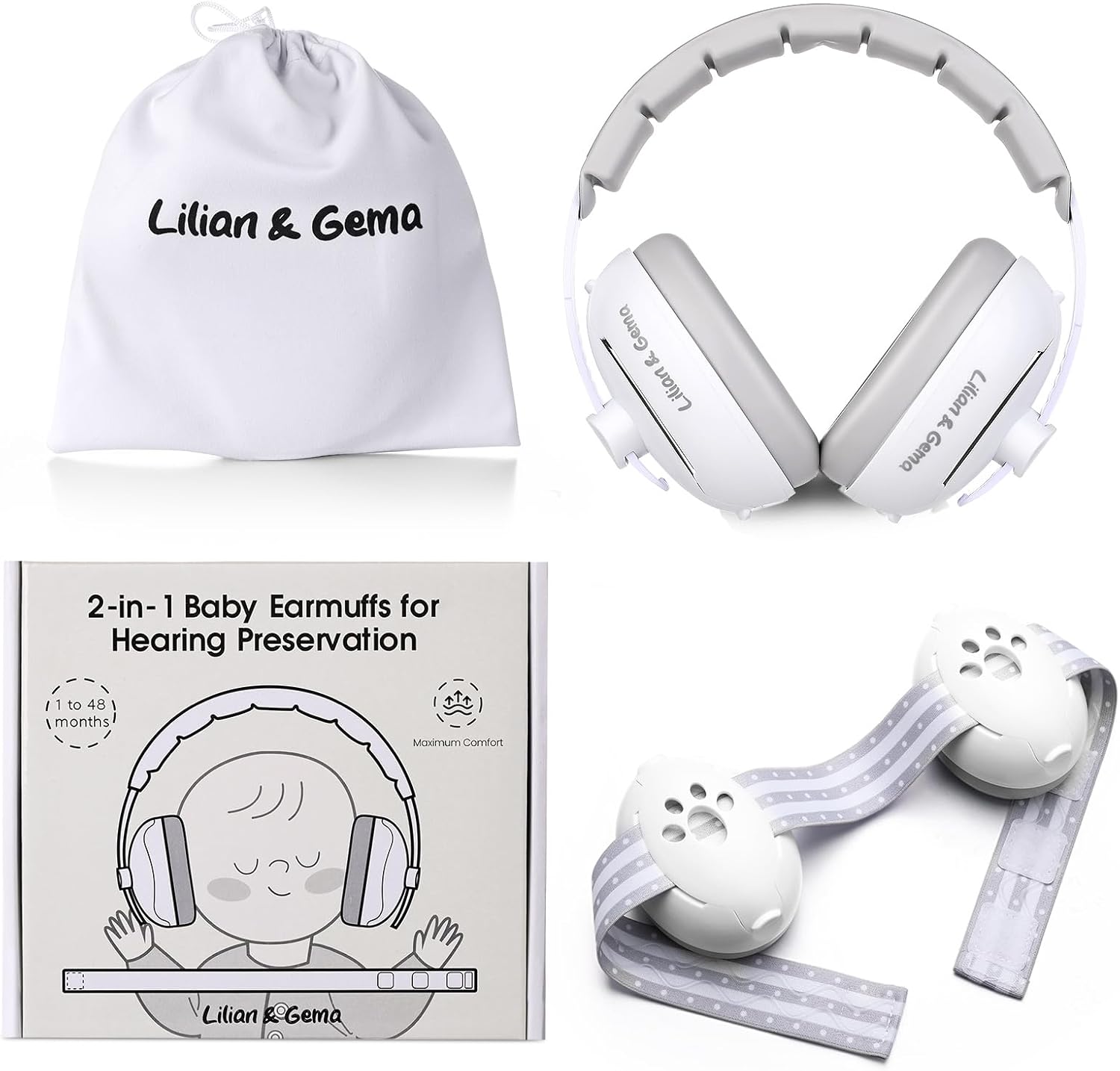Lilian&Gema 2-in-1 baby ear muffs front view white color