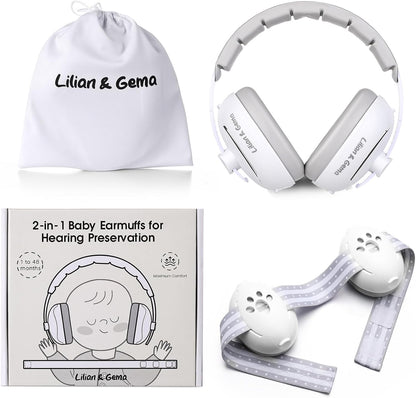 Lilian&Gema 2-in-1 baby ear muffs front view white color