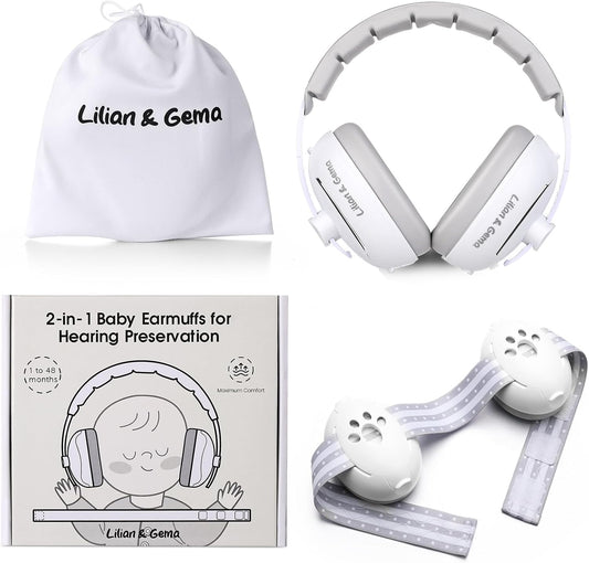Lilian&Gema 2-in-1 baby ear muffs front view white color