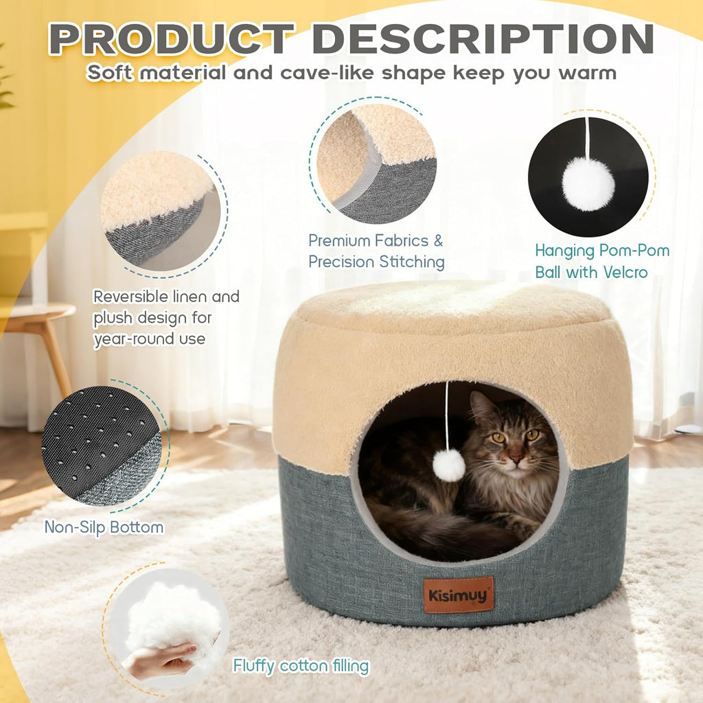 Close up view of the KISIMUY cat cave interior plush fabric and premium textured linen exterior