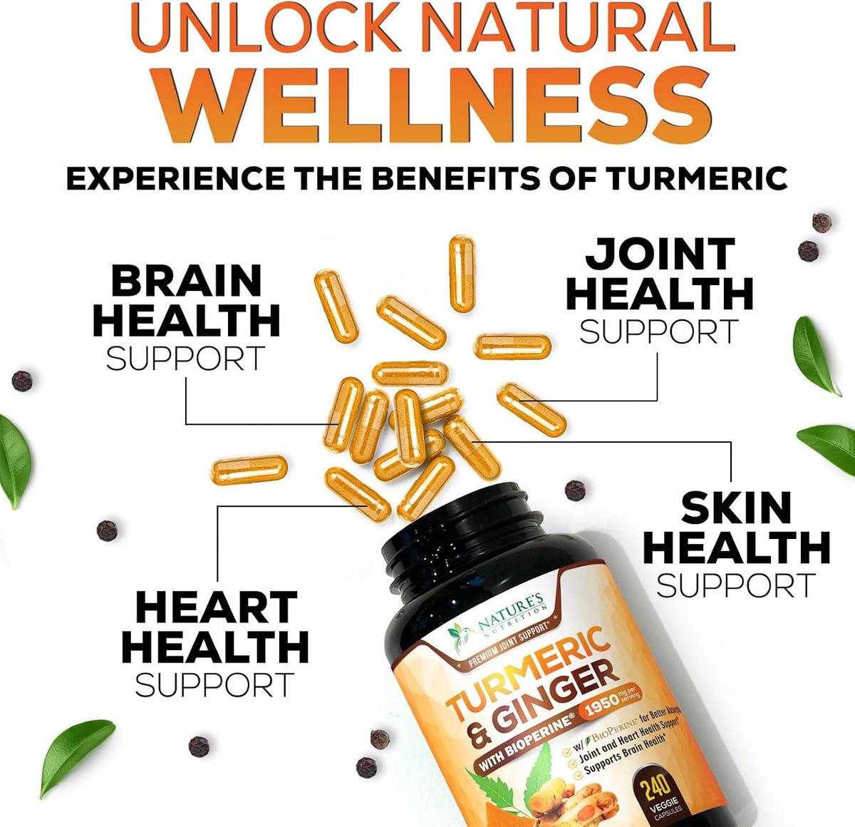 Turmeric Curcumin Supplement - 95% Curcuminoids with Organic Turmeric & Ginger, BioPerine Black Pepper Extract for Best Absorption, Natural Vegan Joint Support, Non-GMO, Bottled in USA - 240 Capsules - Image 7