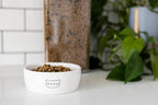 Pearhead ceramic meow cat bowl shown with cat food inside