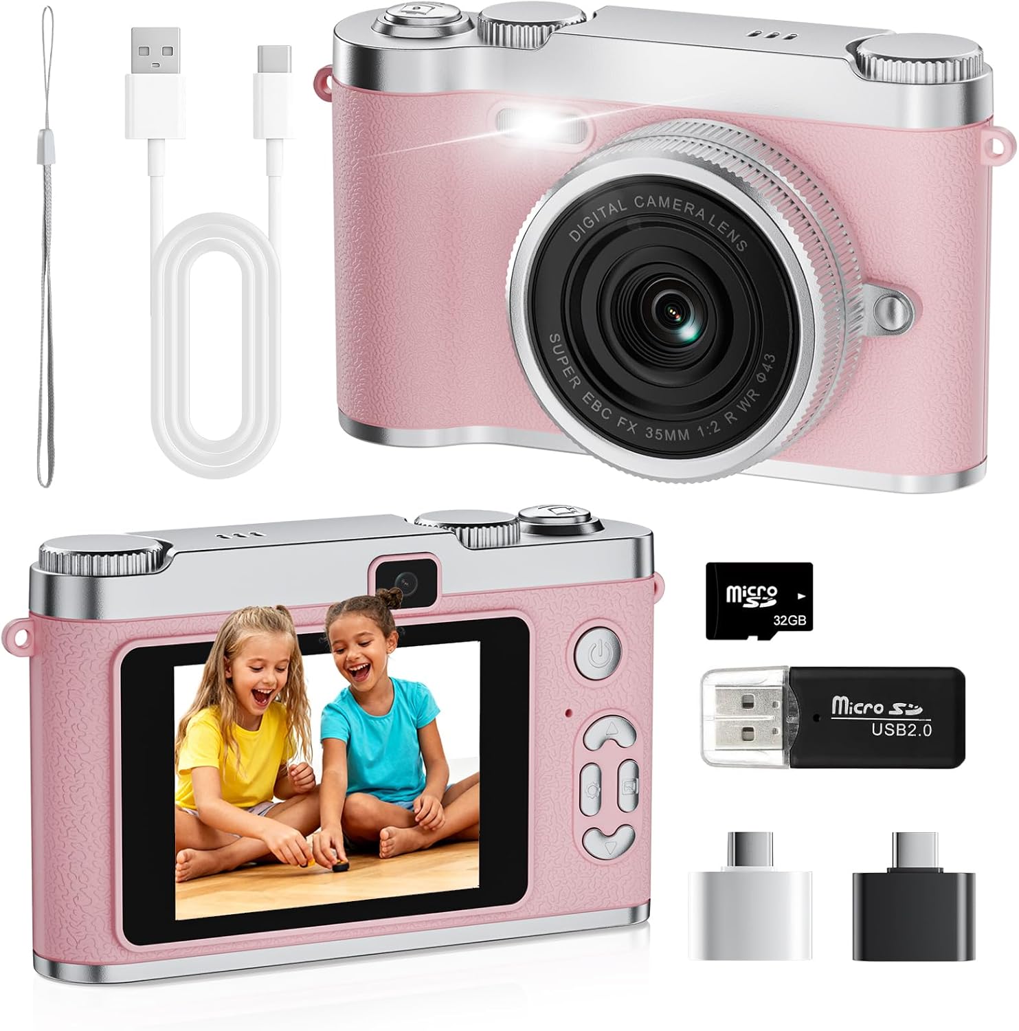 Zyxva kids selfie digital camera pink front view showcasing the lens assembly