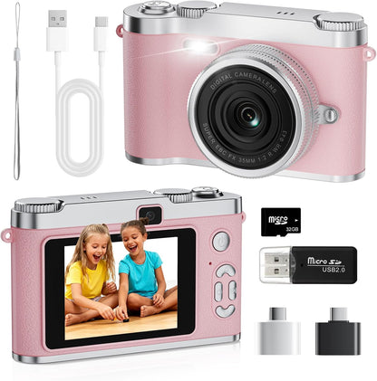Zyxva kids selfie digital camera pink front view showcasing the lens assembly