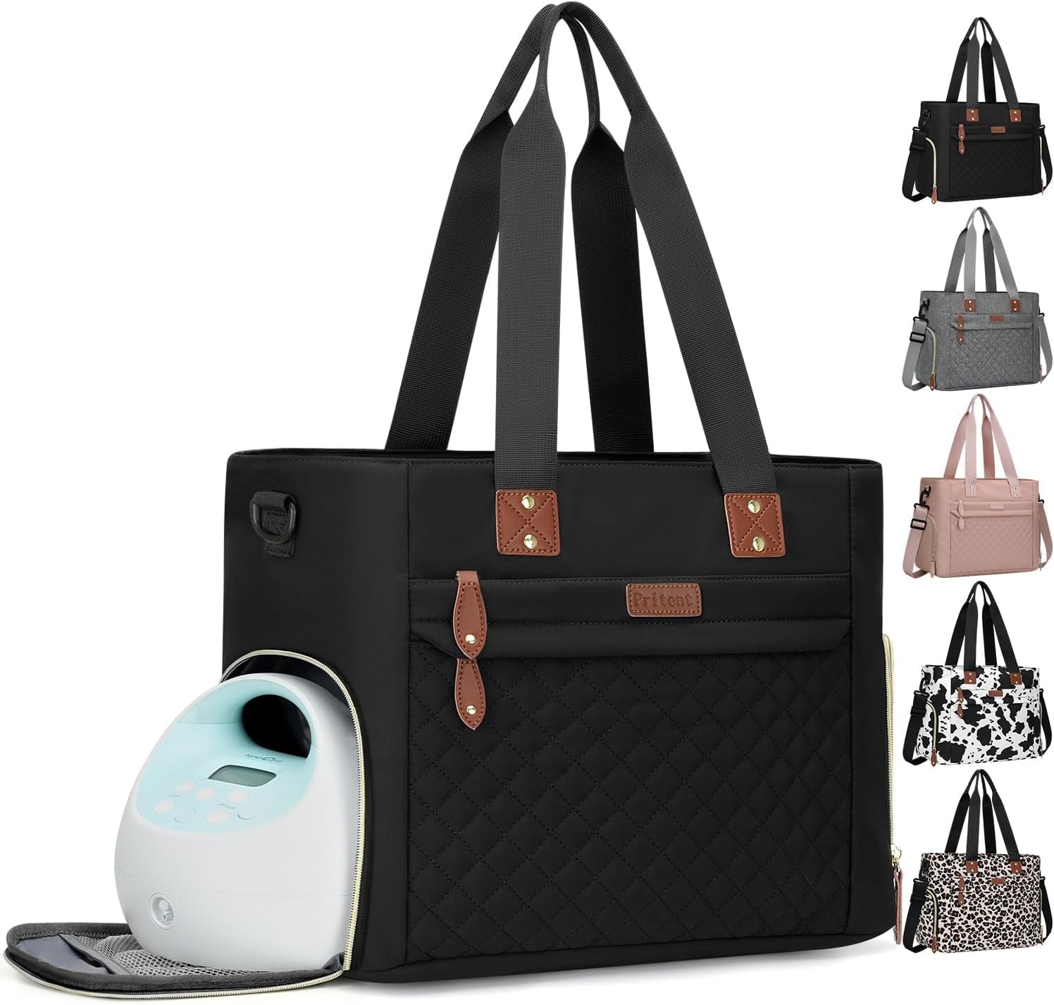 Pritent black diaper bag tote front view for working moms