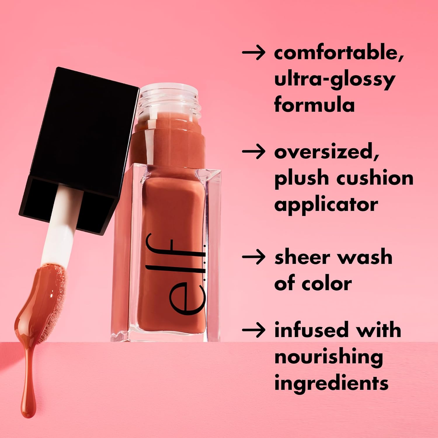 Close-up of the e.l.f. Red Delicious glossy lip tint applicator tip texturing the product.