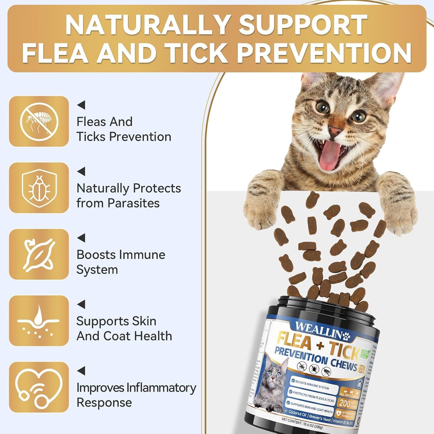 WEALLIN natural cat oral flea chewables supplement ingredients list display