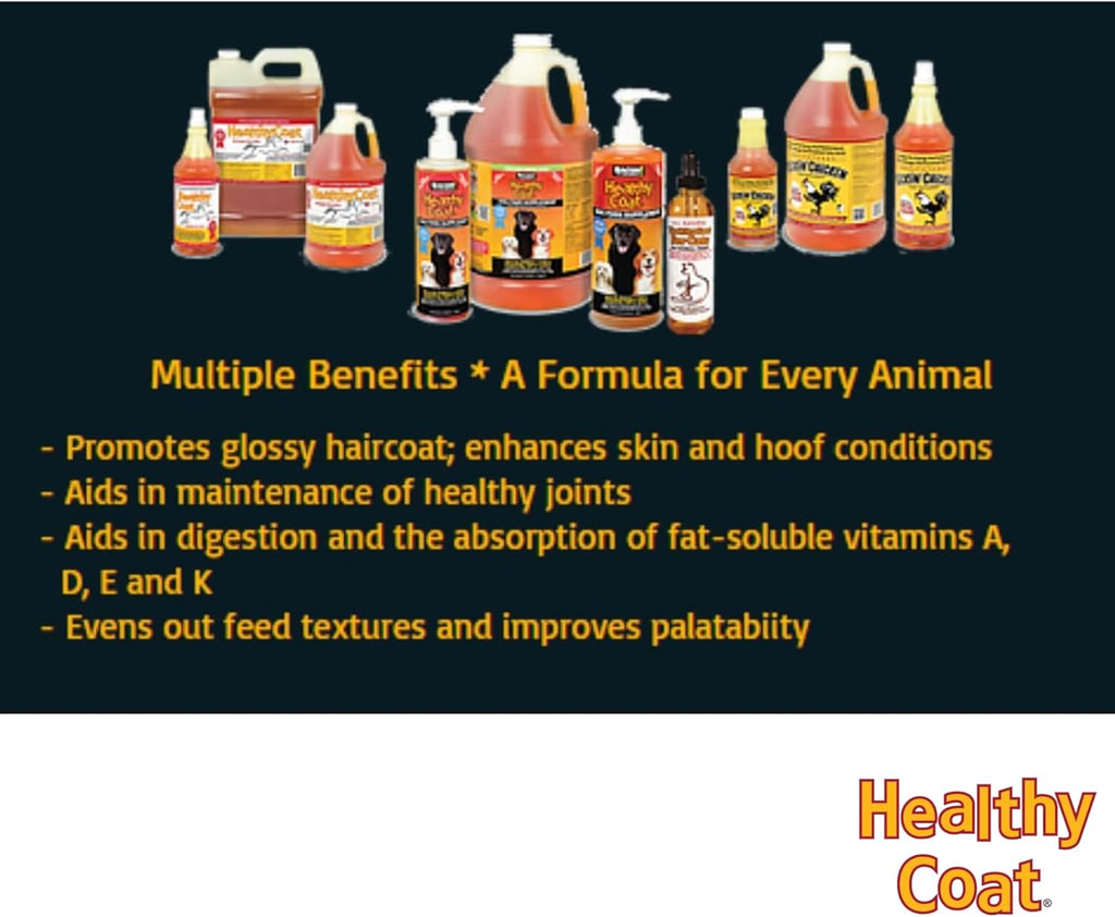 HealthyCoat liquid feed supplement bottle showing omega fatty acid and vitamin benefits.