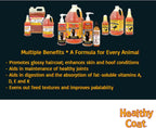 HealthyCoat liquid feed supplement bottle showing omega fatty acid and vitamin benefits.