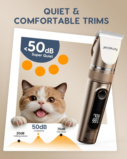 Cordless pet hair trimmer for long hair being adjusted for different cutting lengths.