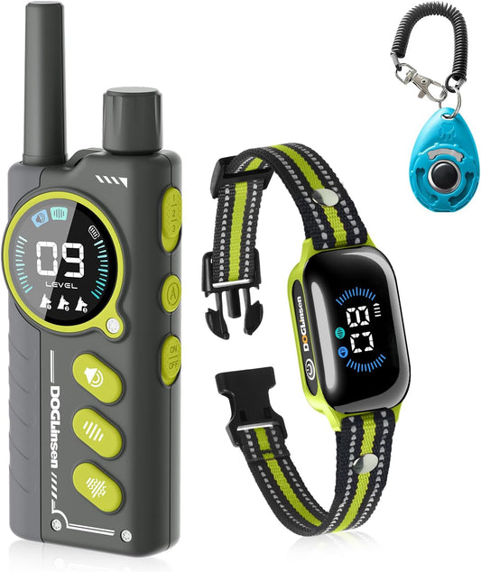 DOGLinsen no shock dog training collar front view showing remote control with digital screen.