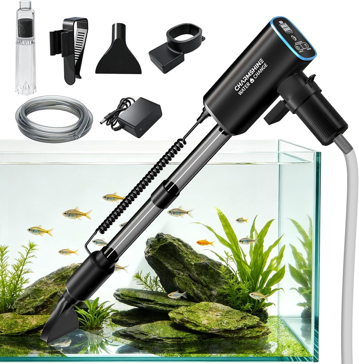 Fishkeeper 6-in-1 cordless aquarium gravel vacuum cleaner front view.