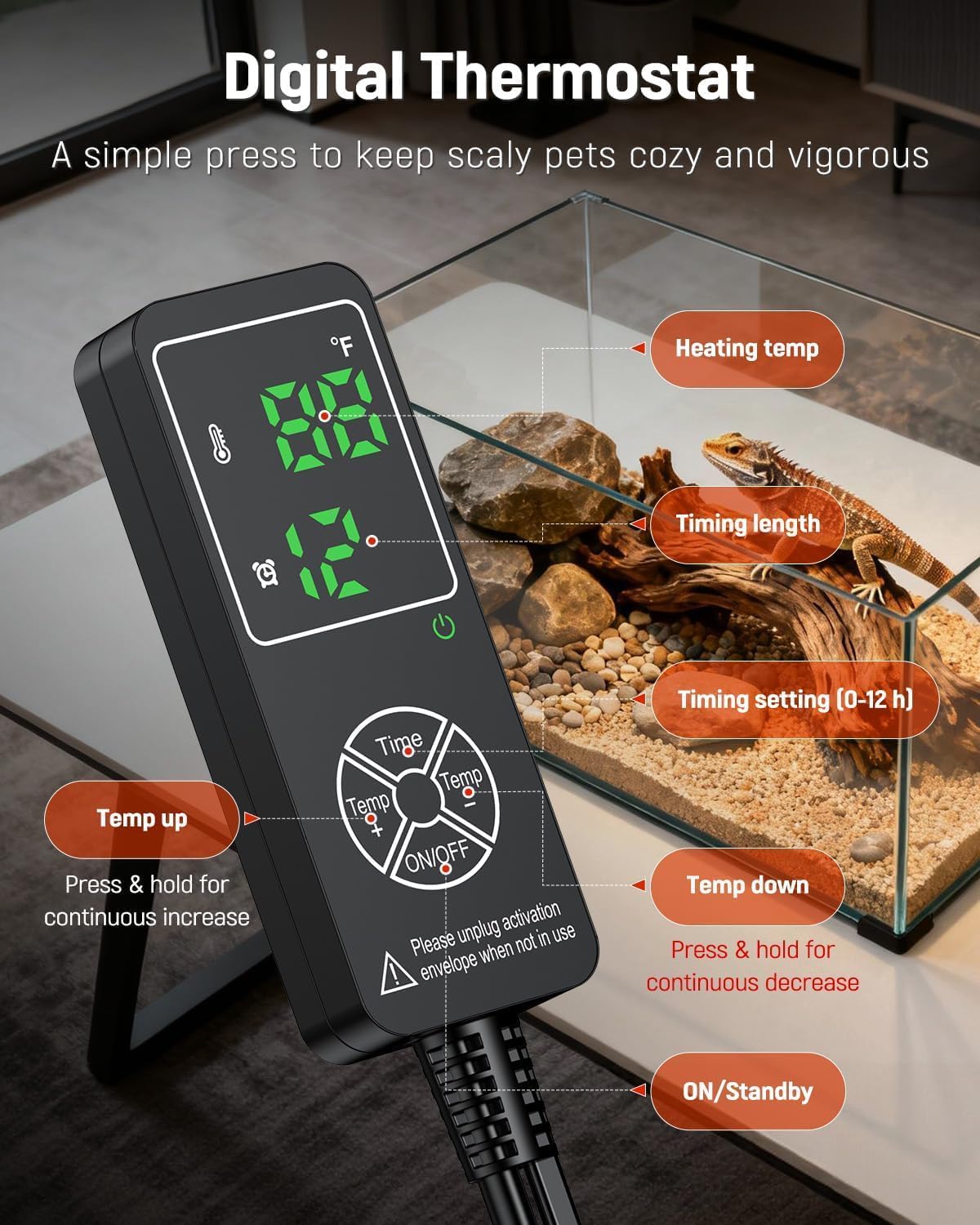 Pawfly adjustable temperature reptile heater with timer control buttons