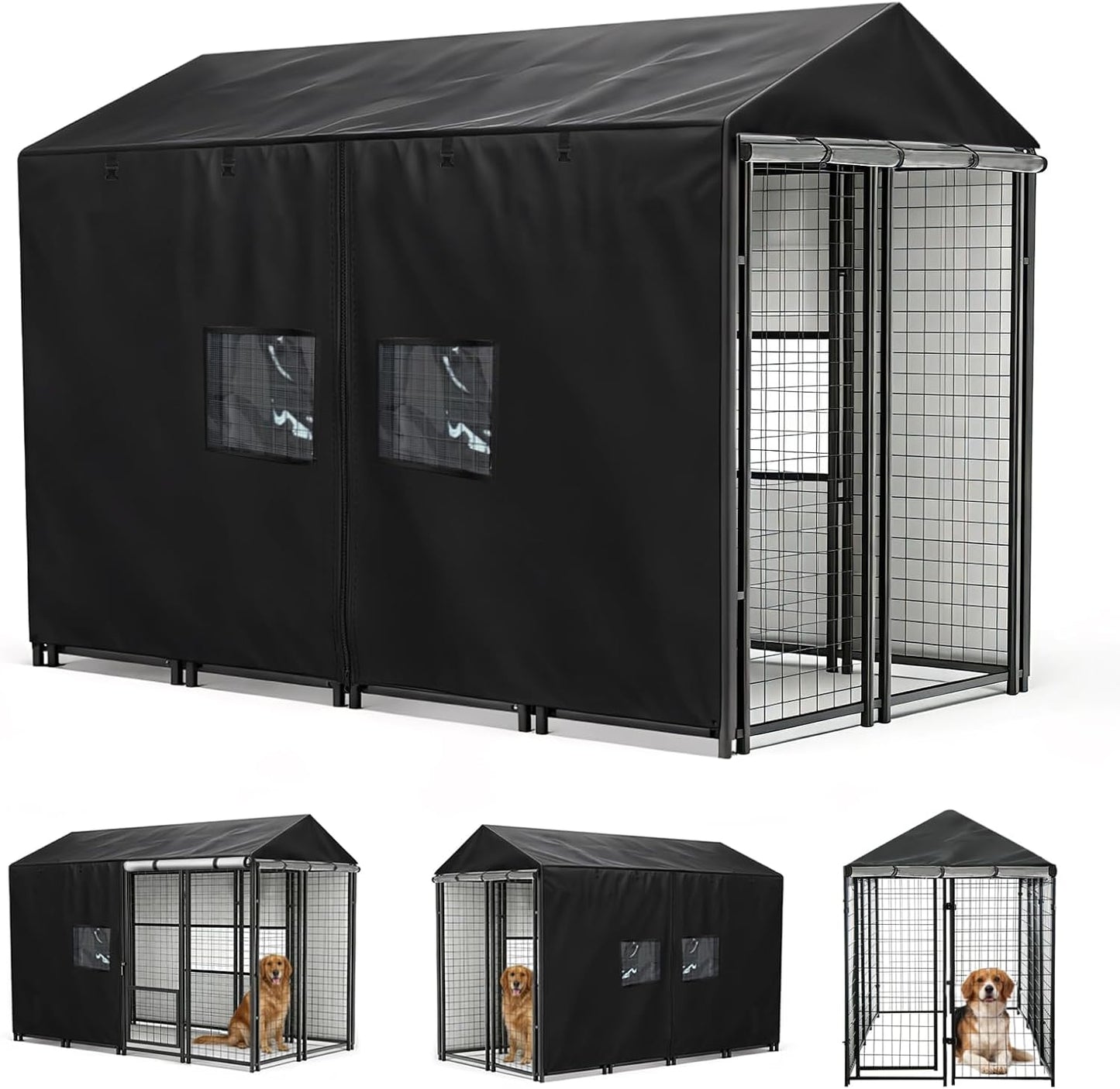 Schleuder outdoor dog kennel cover front view showing full coverage over a large cage.